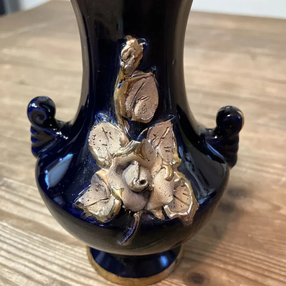 Vintage Cobalt Blue And Gold Bud Vase With Applied Gold Rose 6” Hand Painted